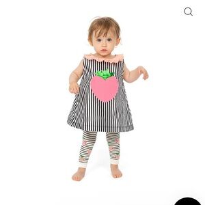 Ganni Black and White Striped Dress with Pink Strawberry